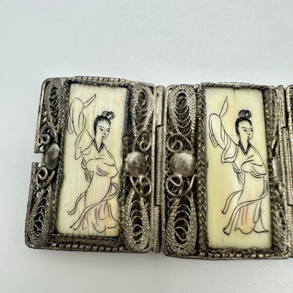 Antique Chinese silver filigree Scrimshaw etched woman ox bone panel bracelet - Picture 6 of 12
